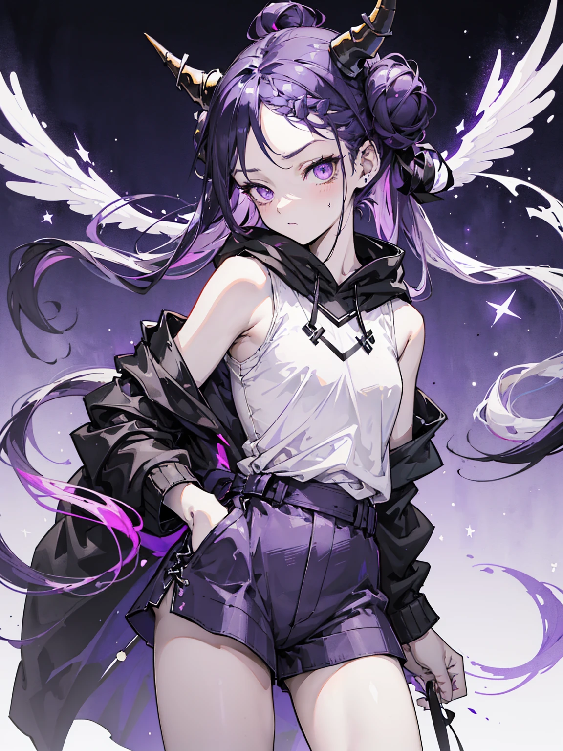 boy. thoughtful look. open forehead. black and purple hair tied in a bun on the left side to one side. winding black horns wrapped in white ribbon. white violet eyes. in short dark purple shorts. long white T-shirt. dark purple knee-high socks. dark purple long cloak inside white with hood. background - moonlight and stars Solar system, Flying pages