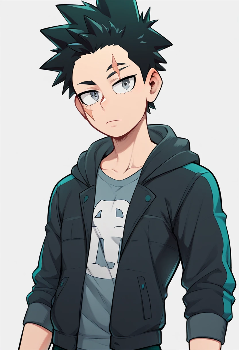 My hero academia, Athletic ager, lean build. short, spiky black hair, sharp, dark grey eyes. a small scar on his left eyebrow, U.A. High  with a custom blue and black jacket over it.