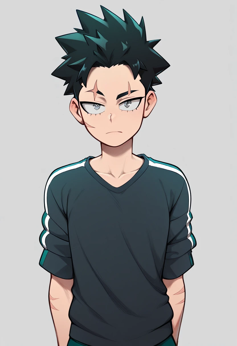 My hero academia, Athletic teenager, lean build. short, spiky black hair, sharp, dark grey eyes. a small scar on his left eyebrow, U.A. High with a custom blue and black jacket over it.