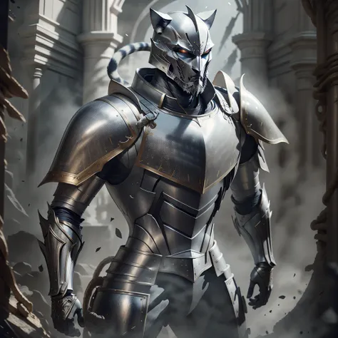 cat knight on his knees, portrait, highly detailed armor, complex design, silver, silk, cinematic lighting, 4k