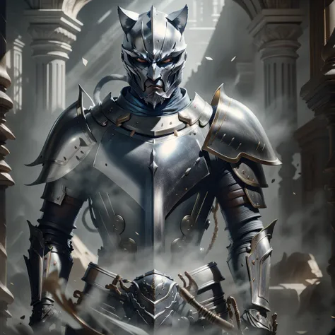 cat knight on his knees, portrait, highly detailed armor, complex design, silver, silk, cinematic lighting, 4k