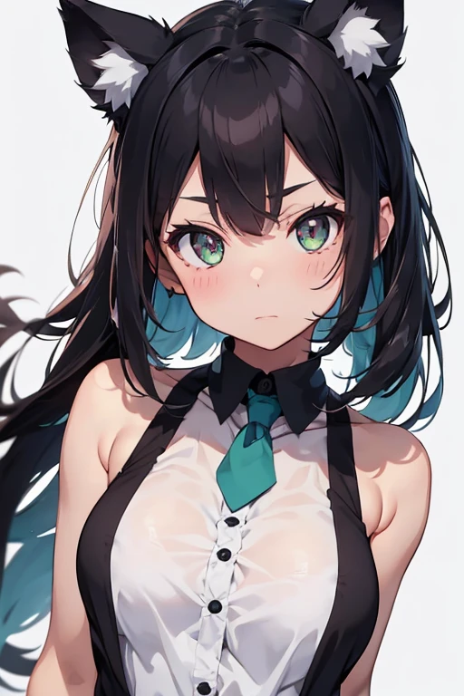 1girl, animal_ear_fluff, animal_ears, bangs, bare_shoulders, black_hair, blush, breasts, cat_ears, closed_mouth, eyebrows_visible_through_hair, green_eyes, grey_background, hair_between_eyes, karyl_(princess_connect!), long_hair, looking_at_viewer, medium_breasts, multicolored_hair, shirt, simple_background, sleeveless, sleeveless_shirt, solo, upper_body, white_background, white_shirt, 