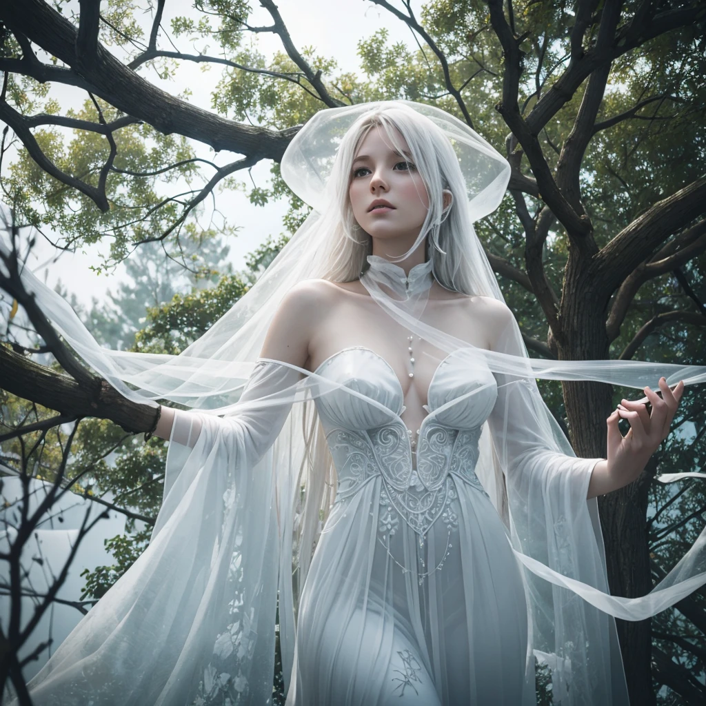 classic ghost, white translucent female, entangled in tree branches