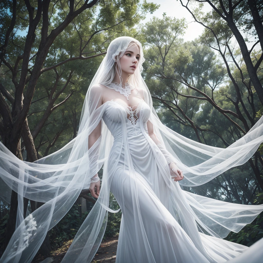 classic ghost, white translucent female, entangled in tree branches