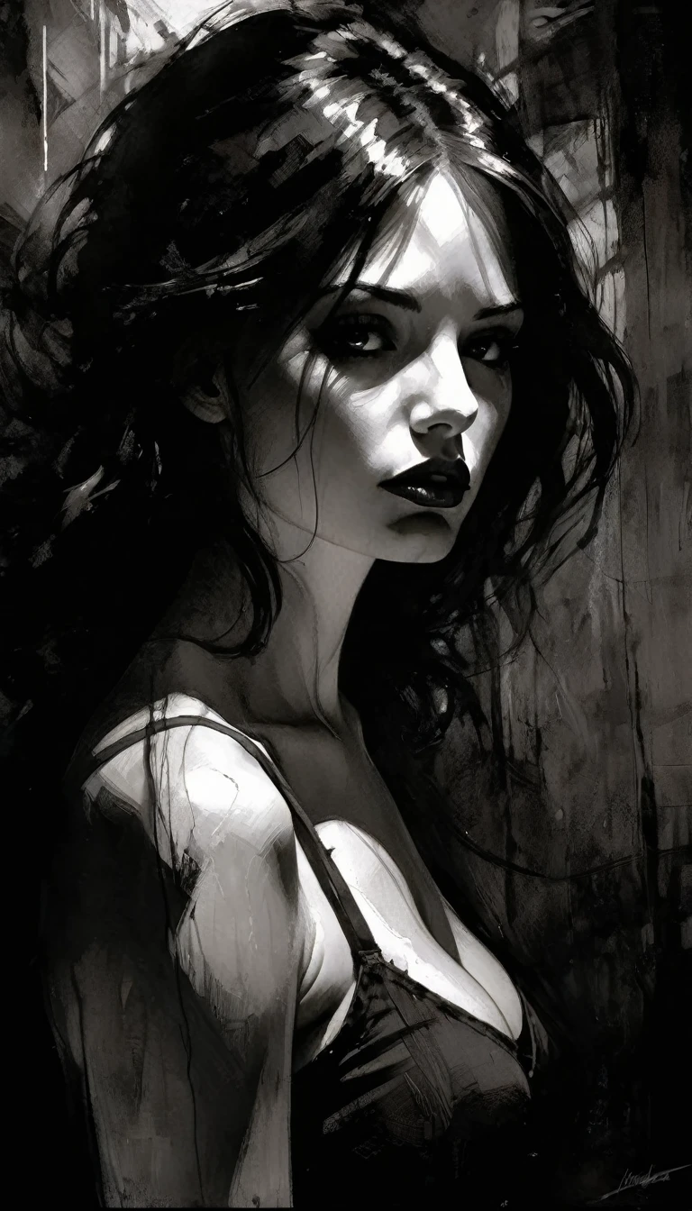 Black and white image, chiaroscuro, sensual, dramatic lighting, moody atmosphere, photorealistic, intricate details, masterpiece, ultra-detailed, high quality, 8k, best quality, realistic, cinematic, dark and brooding, expressionistic, powerful composition, emotional impact (art inspired in Bill Sienkiewicz). oil painting)