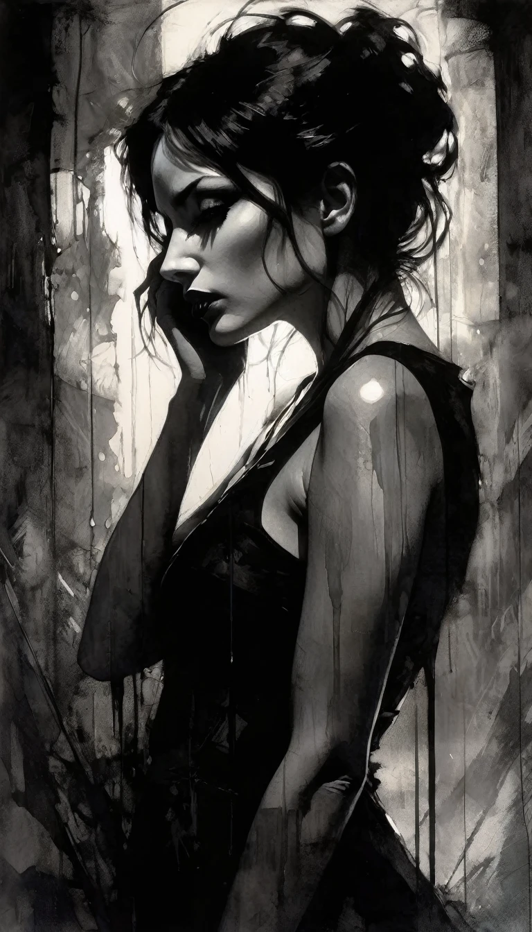 Black and white image, chiaroscuro, sensual, dramatic lighting, moody atmosphere, photorealistic, intricate details, masterpiece, ultra-detailed, high quality, 8k, best quality, realistic, cinematic, dark and brooding, expressionistic, powerful composition, emotional impact (art inspired in Bill Sienkiewicz). oil painting) 
