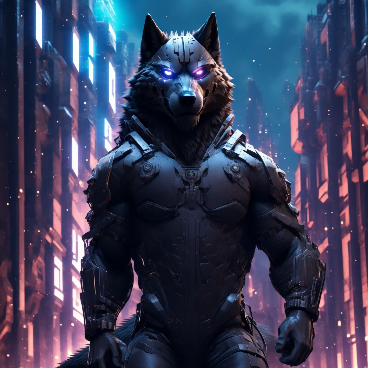 Posing, Male, 30 years old, snarl, visor, purple glowing eyes , anthro,  wolf ears, (black fur:1.5), cyber wolf, city background, 8k, hi res, (best quality, masterpiece), (wolf tail:1.5), detailed fur, solo, looking at camera, night, black leather jacket, Blue jeans,