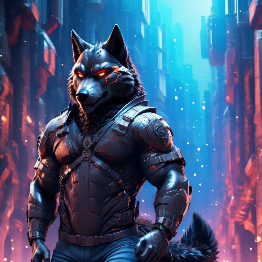 Posing, Male, 30 years old, snarl, visor, purple glowing eyes , anthro,  wolf ears, (black fur:1.5), cyber wolf, city background, 8k, hi res, (best quality, masterpiece), (wolf tail:1.5), detailed fur, solo, looking at camera, night, black leather jacket, Blue jeans,