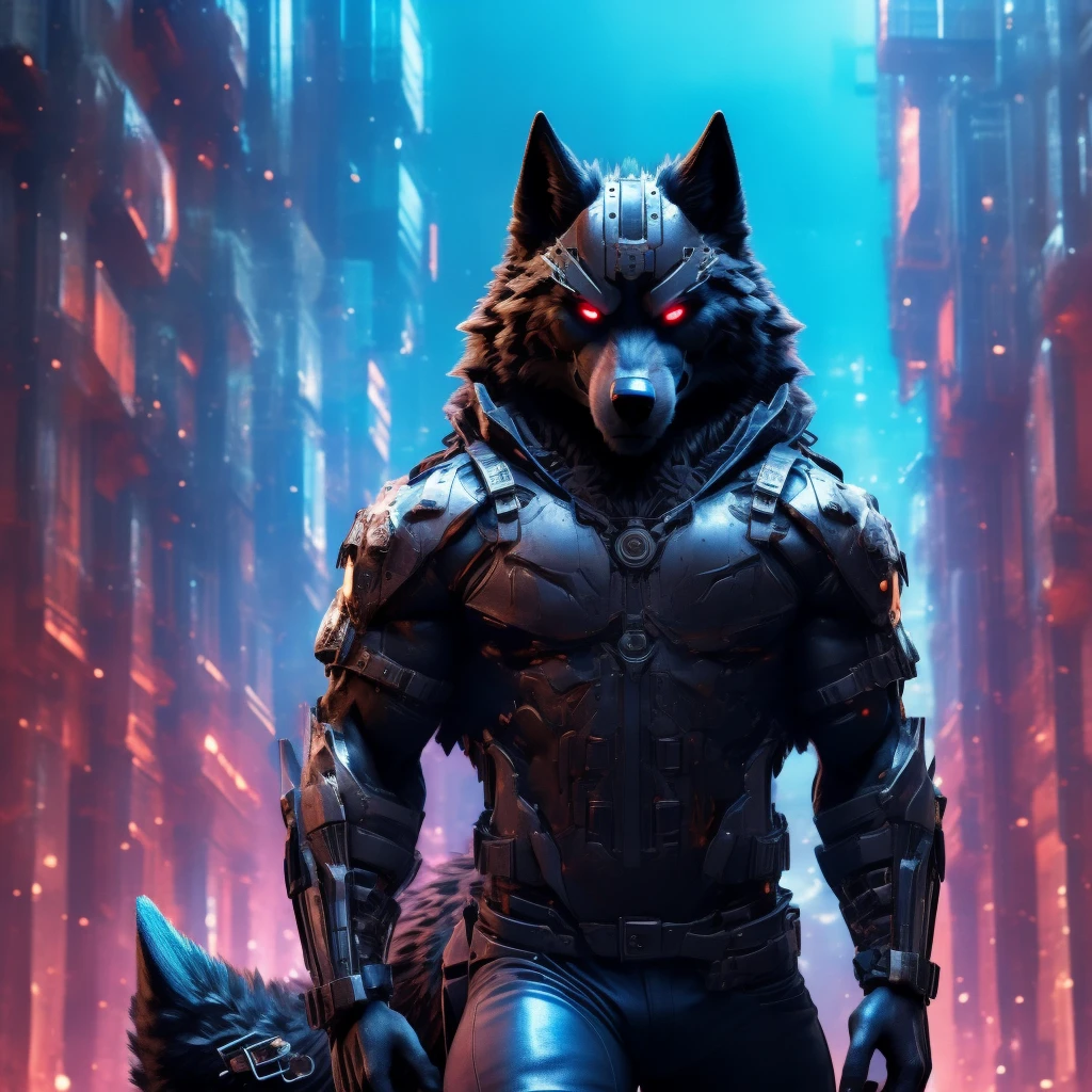 Posing, Male, 30 years old, snarl, visor, purple glowing eyes , anthro,  wolf ears, (black fur:1.5), cyber wolf, city background, 8k, hi res, (best quality, masterpiece), (wolf tail:1.5), detailed fur, solo, looking at camera, night, black leather jacket, Blue jeans,