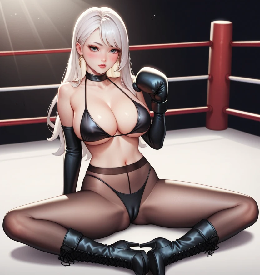 korean beautifull girl,18 years old,Pretty Face,Good shape,detailed picture, Expression, blush,White long hair, Wear a bikini,Wear black pantyhose,high-heel boots, Wearing black boxing gloves,Black sleeves on arms, Sitting in the boxing ring,Large Breasts,Cleavage,Long legs,Thin waist,nipple,Camel toe,M leg