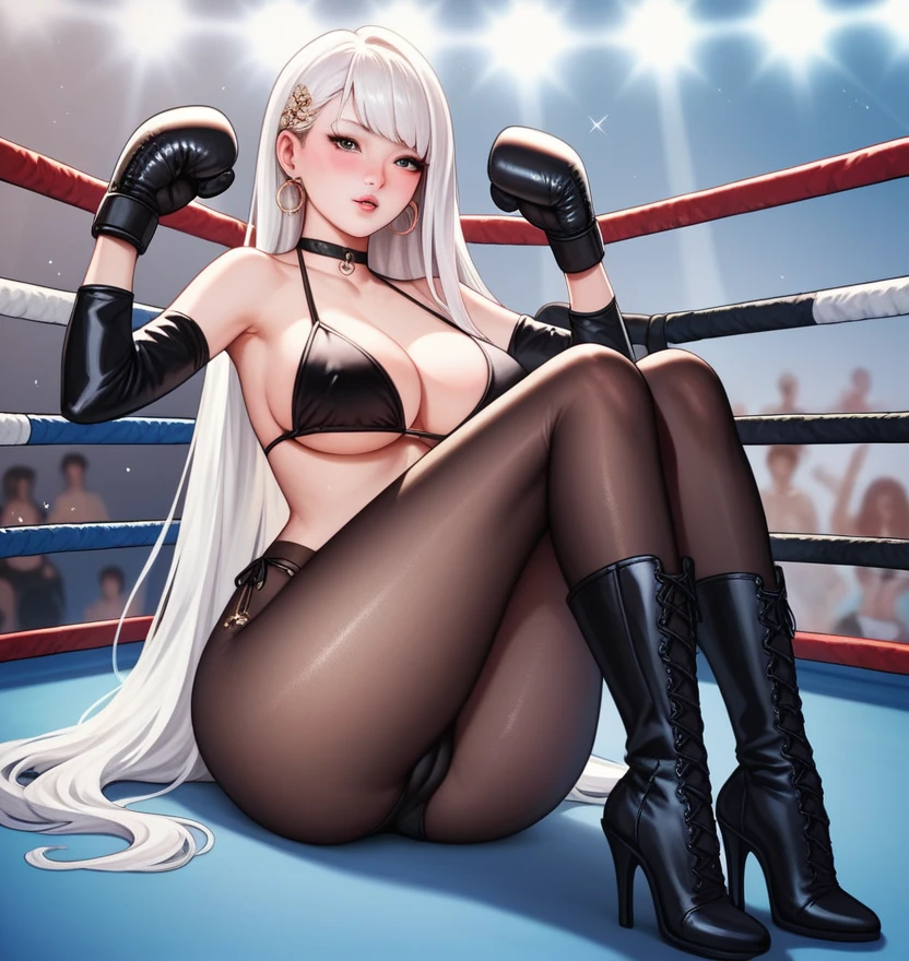 korean beautifull girl,18 years old,Pretty Face,Good shape,detailed picture, Expression, blush,White long hair, Wear a bikini,Wear black pantyhose,high-heel boots, Wearing black boxing gloves,Black sleeves on arms, Sitting in the boxing ring,Large Breasts,Cleavage,Long legs,Thin waist,nipple,Camel toe,M leg