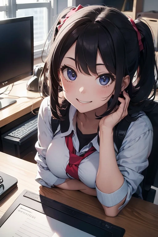 A woman sitting at a desk with a laptop and microphone, sitting in front of a microphone, Twitch streamer, Twitch streamer/gamer Ludwig, giving an interview, accurate portrait, taking control while smiling, H3H3, with a happy expression, accurate representation, in front of a computer, trending art, Shutterstock, studio shot, very expressive, realistic anime, drawn,