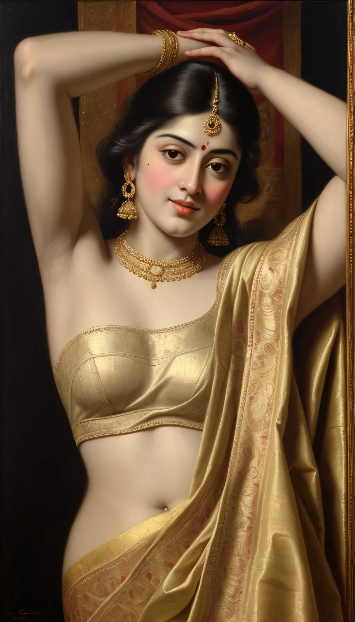 Beautiful Indian Woman, wearing saree, sari Beauty, gorgeous, Apsara, Maharani, royal queen woman, nymph from Hindu Mythology, Urvashi, matchless beauty, Highly detailed, Oil Painting by Peter Paul Rubens inspired by Raja Ravi Varma, Matchless beauty, captivating, gorgeous, heavenly beauty, celestial beauty, by Peter Paul Rubens, 1893, realistic, hyper realistic, micro details, incredible artwork, insane details, ultra High resolution, 8k, 32k,  acrylic on canvas, intricate, flawless, detailed, detailed face, detailed eyes, masterpiece, by Peter Paul Rubens, by Caravaggio, by William Adolphe bouguereau, perfect face, perfect body, beautiful art, realism, baroque, renaissance Art, highly textured, beautiful and detailed eyes, uhd, best quality,