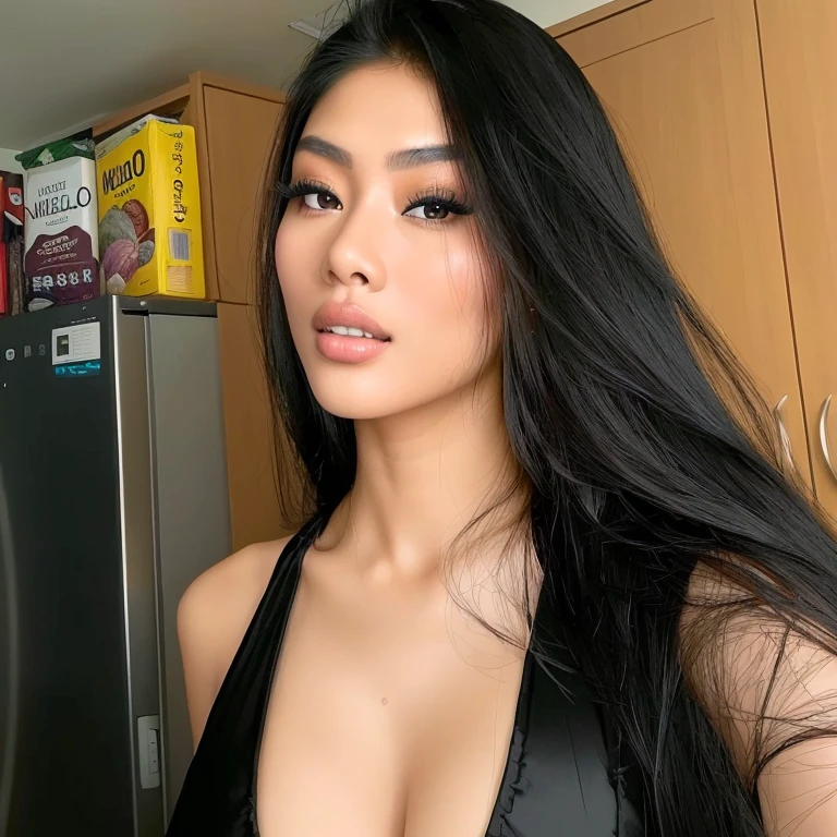 Araffed woman in a black dress posing in a kitchen., una Asian woman, Cindy Avelino, beautiful Asian girl, Violet Myers, 18 years, Asian woman, 22 years, Asian girl, 27 years old, Asian woman, Asian girl with long hair, 2 4 year old female model, 21 years, 28 years old