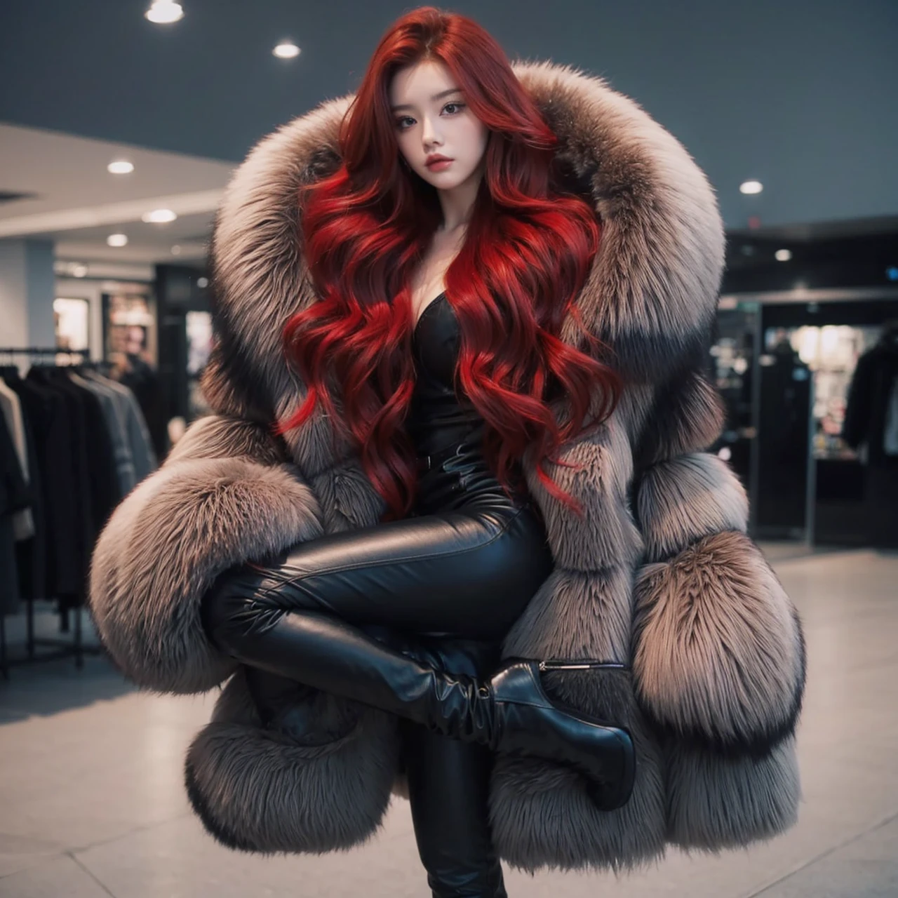 Beautiful girl with red hair wearing black clothes and huge fur coat