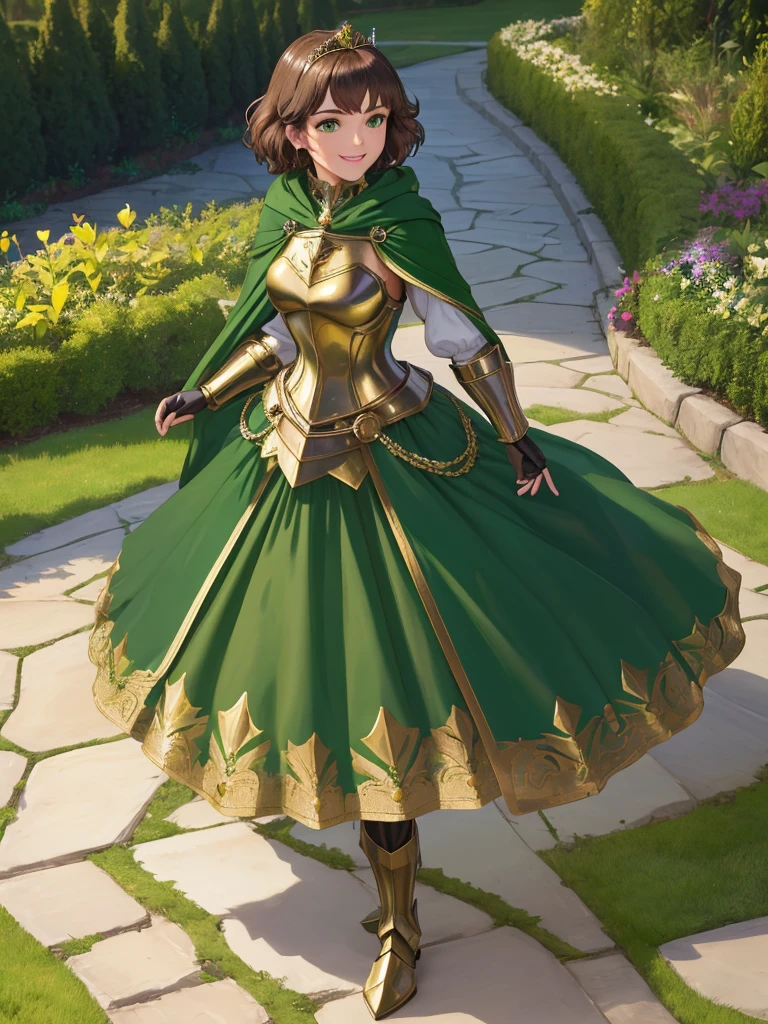 masterpiece, best quality:1.2), 1girl, smile, looking at viewer, green eyes, short brown hair, princess, armor, , pauldrons, armored dress, green cloak cape, wearing puffy blue ballgown skirt, golden tiara with green gem, armored boots, fingerless gloves, standing in medieval garden
