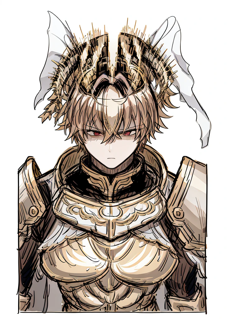 1boy, golden hair, red eyes, golden saint, epic armor, legendary weapon, handsome man, elegant clothes, holy knight, epic accessories, (high resolution, high detail, best quality), serious, serious.