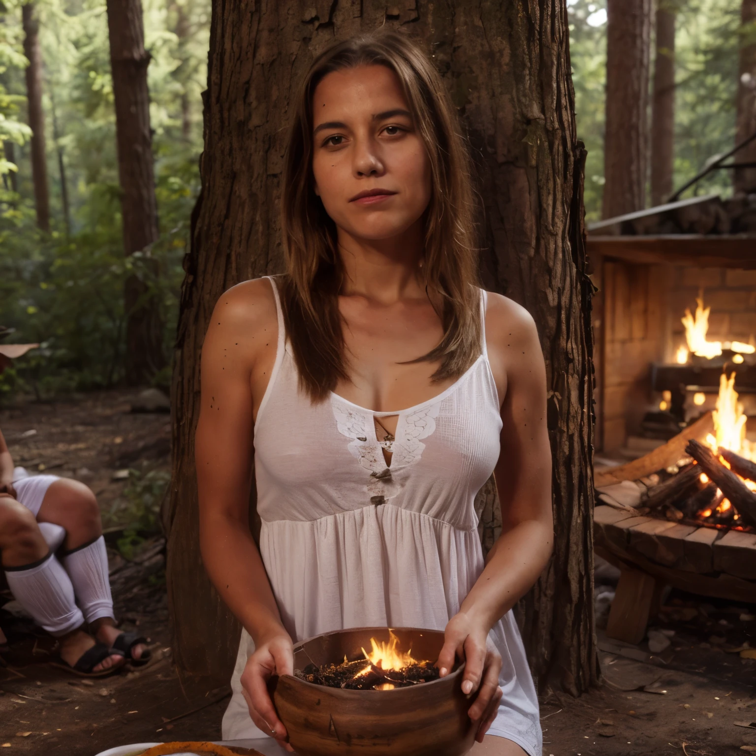 Native American black haired 27yo 1woman sits by campfire in the ancient, her face illuminated by the warm glow of the flames. She is slightly smiling, content and happy as she tends to the food cooking over the fire. The scene is set in the Northwest Rocky Mountains, in the area between what is now Vancouver and Seattle. The lush forest surrounds the camp, with tall evergreen trees and dense underbrush. Around the campfire, several tents made from animal hides and wooden poles are set up. These tents are adorned with traditional symbols and patterns, reflecting the artistry of her people. Short tree stumps and large stones are arranged as seating around the fire. Other members of her tribe can be seen in the background, engaged in various activities. She is dressed in authentic Native American clothing typical of her tribe. She wears a fringed deerskin dress decorated with intricate beadwork and traditional markings. Her long, dark hair is braided and adorned with colorful beads and feathers. Her light blue eyes and full lips stand out against her sun-kissed skin, framed by high cheekbones and expressive eyebrows. On the fire, pieces of venison and fish are being grilled, releasing a savory aroma into the air. Nearby, traditional Native American foodstuffs such as corn, beans, and squash are being prepared. The woman carefully turns the meat with a wooden skewer, ensuring it cooks evenly. Handcrafted clay pots and wooden bowls filled with herbs and seasonings are arranged around her, along with tools like stone knives and grinding stones. Various other handmade items are visible in the scene, showcasing the tribe's craftsmanship. Baskets woven from reeds and decorated with natural dyes are filled with gathered berries and nuts. A totem pole stands in the background, intricately carved with symbols and figures representing the tribe's beliefs and stories. The other tribe members are engaged in daily tasks. Some are tending to children, teaching them skills+stories.
