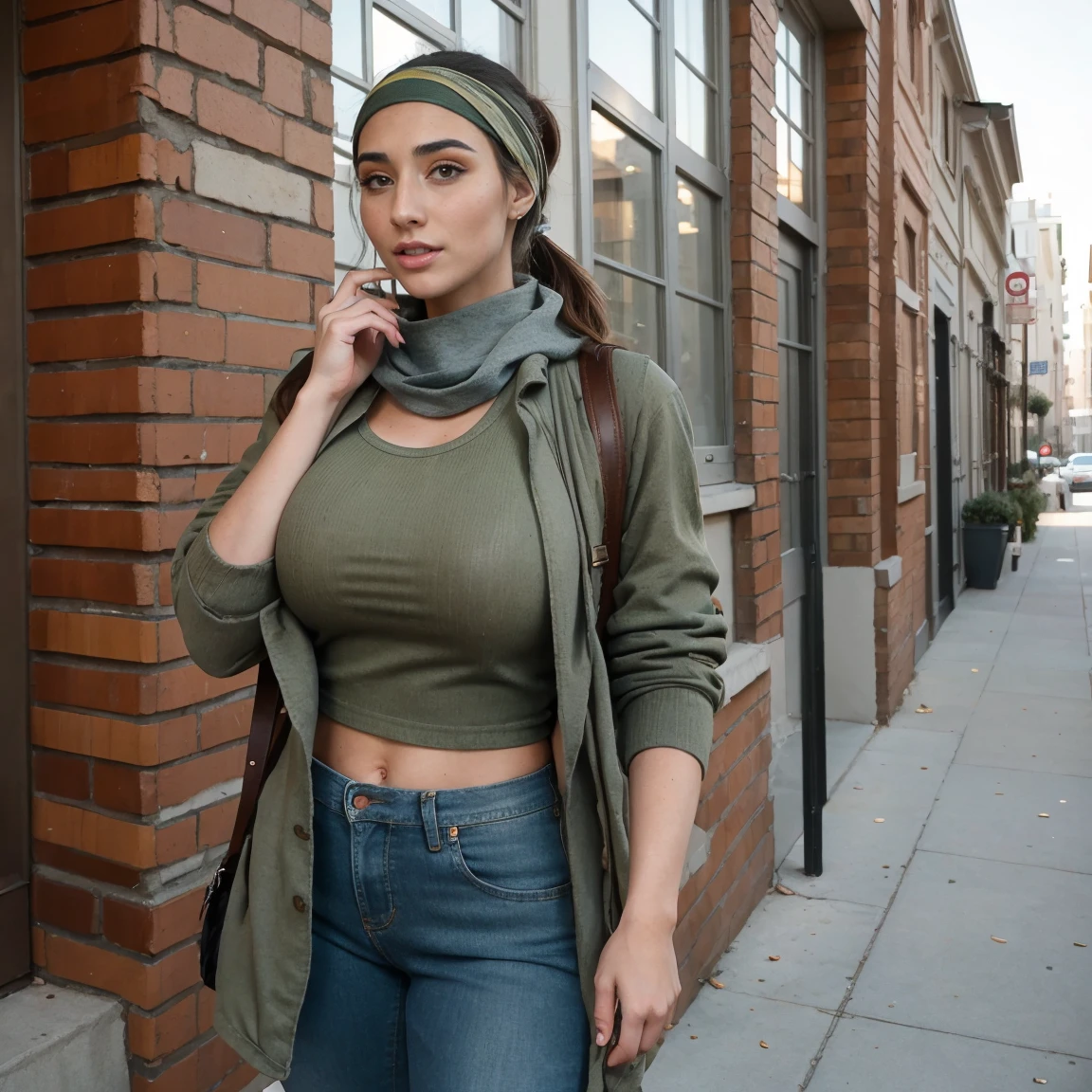 Extremely busty thin and toned brunette photographer, college girl, fair skin, loose ponytail, soft face, athletic, bandana babushka headwrap, tight olive green casual windbreaker, skinny jeans. standing in front of her apartment building, outdoors, city, camera bag, cleavage