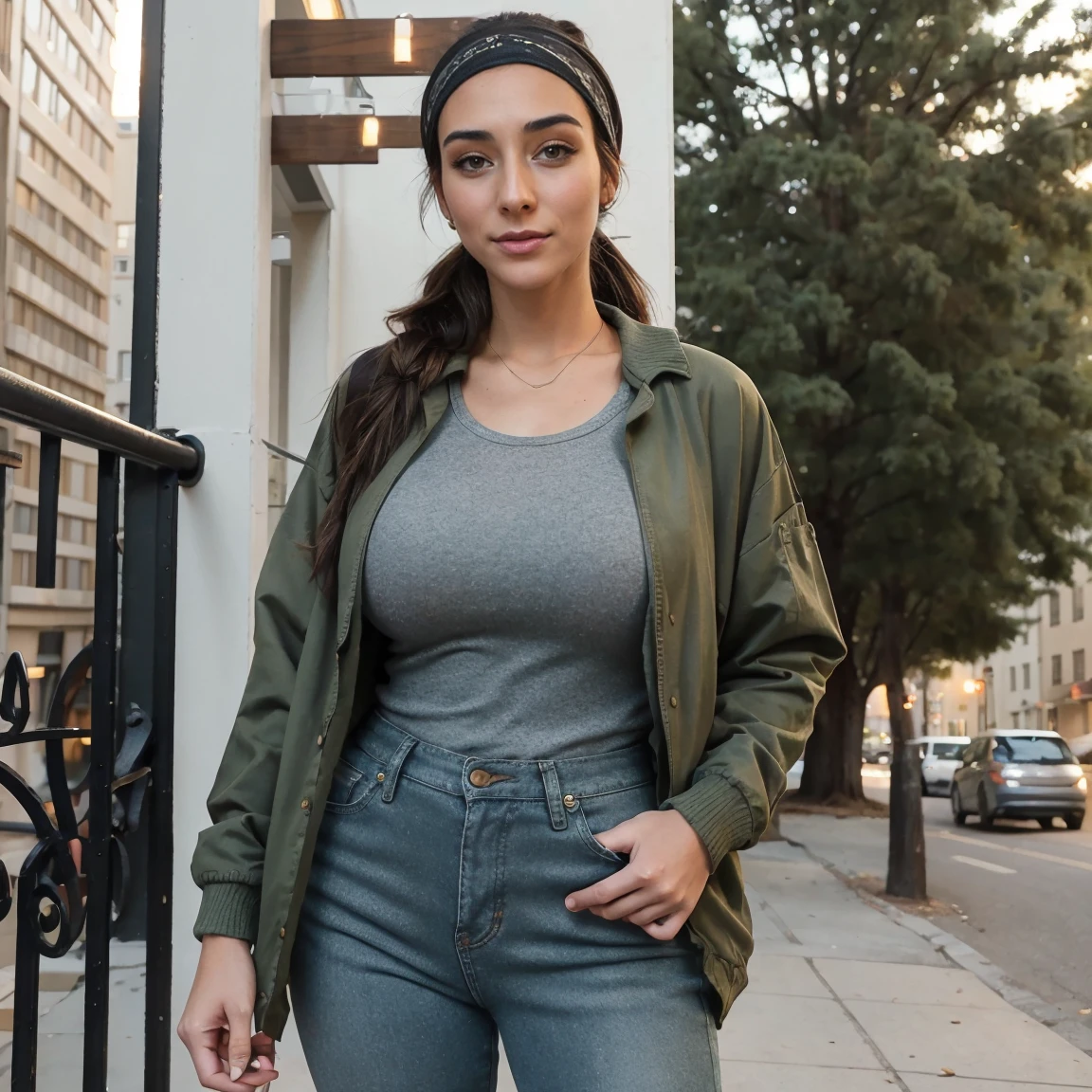 Extremely busty thin and toned brunette photographer, college girl, fair skin, loose ponytail, soft face, athletic, bandana babushka headwrap, tight olive green casual windbreaker, skinny jeans. standing in front of her apartment building, outdoors, city, camera bag, cleavage