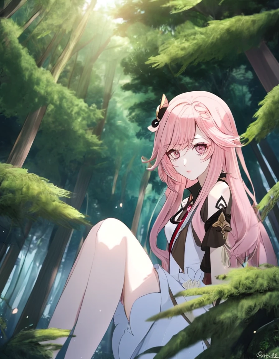 girl, long pink hair, white eyes, pale skin, forest, anime, genshin impact