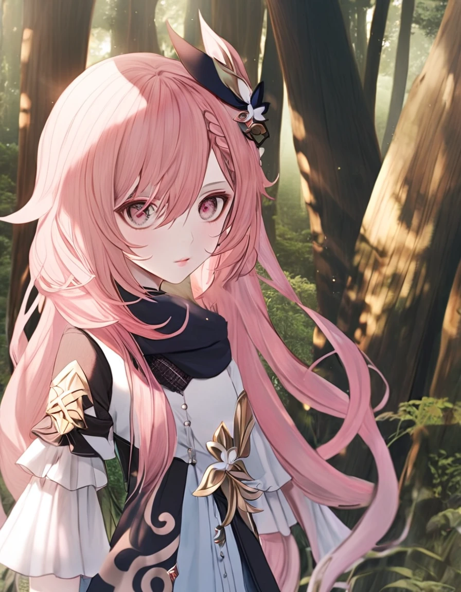 girl, long pink hair, white eyes, pale skin, forest, anime, genshin impact