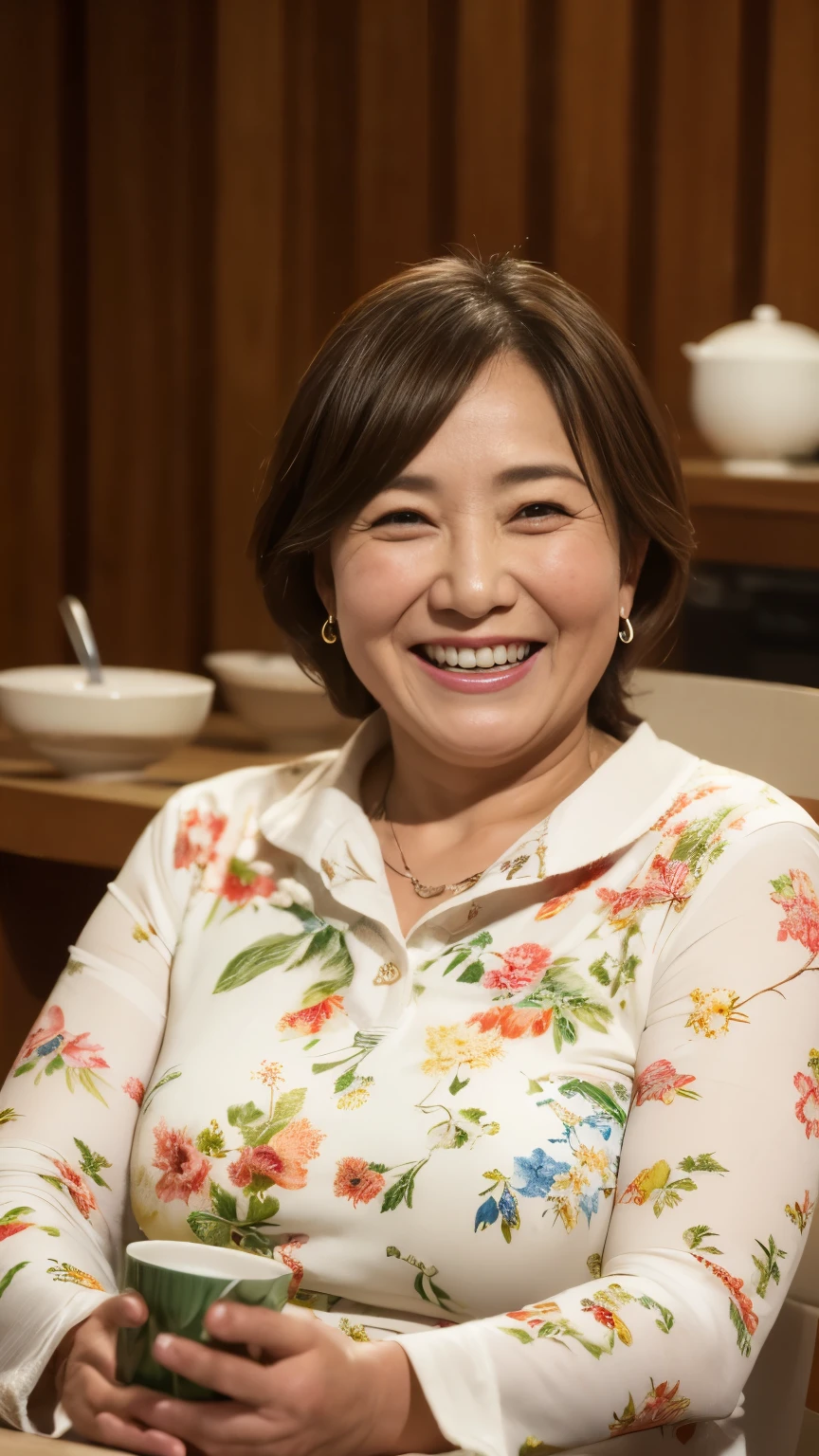 8k wallpaper, masterpiece, Highest quality, Super detailed, One Mature Woman, 50 years old, Become very clear, Wearing a short-sleeved blouse, Skin dents, Captivating smile, Looking at the audience, , plump, Curvaceous, Fascinating face, Smiling with teeth showing, Wrinkles around the eyes, Sit at a coffee shop, Background Blur