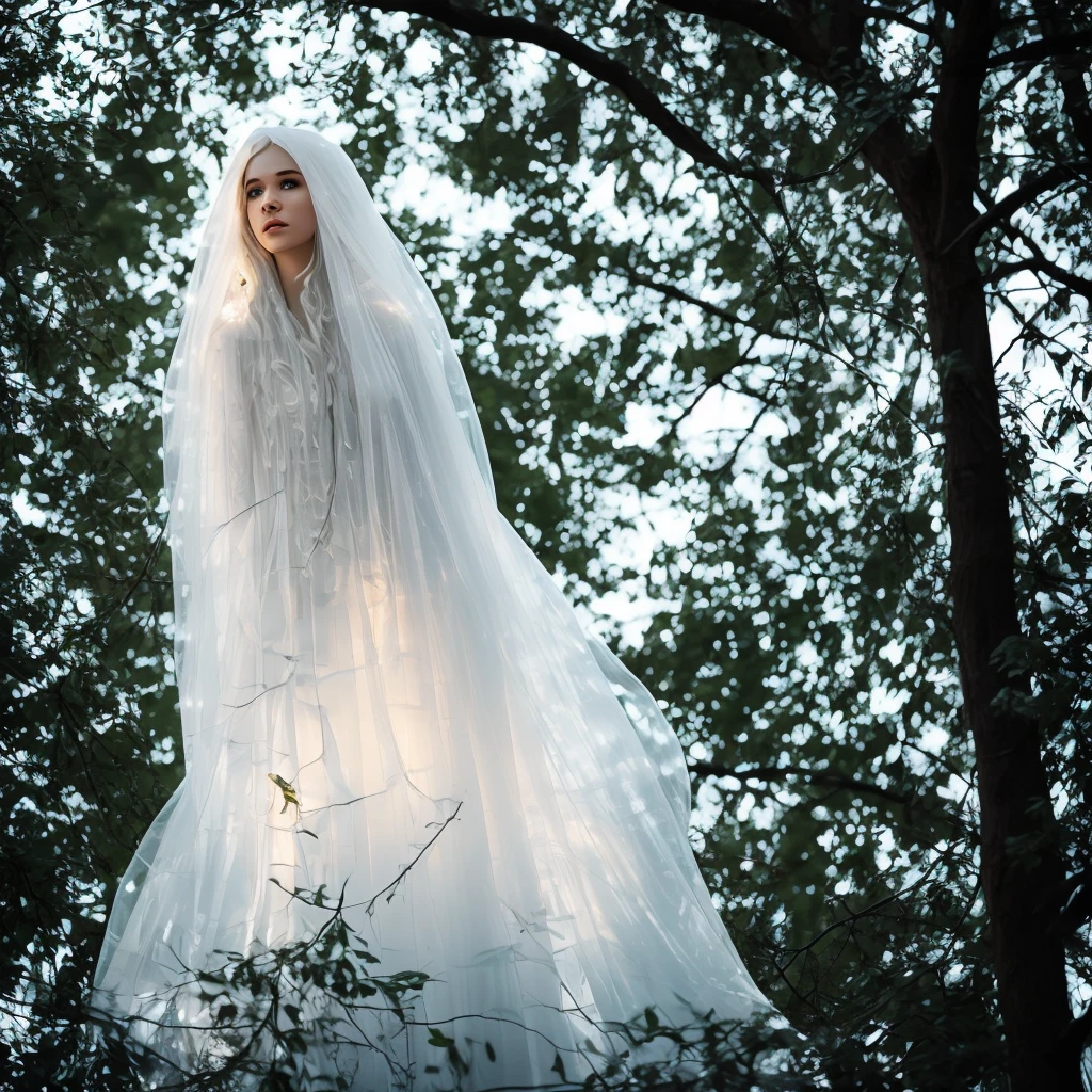 classic ghost, white translucent female, entangled in tree branches