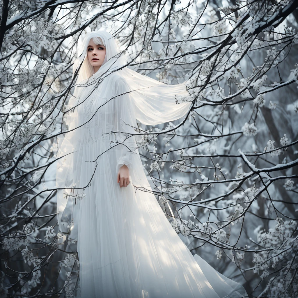 classic ghost, white translucent female, entangled in tree branches