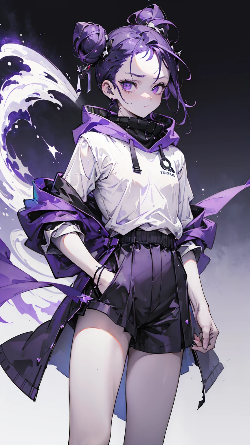 boy. thoughtful look. open forehead. black and purple hair tied in a bun on the left side to one side. winding black horns wrapped in white ribbon. white violet eyes. in short dark purple shorts. long white T-shirt. dark purple knee-high socks. dark purple long cloak inside white with hood. background - moonlight and stars Solar system, Flying pages