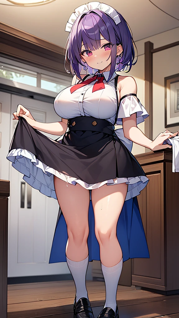 最high quality, high quality, Super detailed, 32k, Ultra-detailed details, waitress(only, Standing, pretty girl, beautiful purple hair, short hair, Beautiful RED eyes, mature, Big Breasts, A light smile, Off-the-shoulder sleeveless Summer メイド服, Summer casual maid clothes, Short skirt, Blue and white color striped underwear, Black knee socks, loafers, My crotch is wet with love juice, 18-year-old,cute), {{A succubus disguised as a waitress approached the target man&#39;s sister, peeled off the skin of the sister&#39;s face, and stuck it on her own face, becoming the waitress succubus&#39;s face., The hem of her skirt is lifted high, exposing her underwear}}, She has transformed from a shy maid into a lewd one., A maid with her sister&#39;s face stuck on her face is vigorously pistoning her body, A maid who moves her body vigorously without caring if her breasts bounce, Super detailed, indoor, Full body image, ((Head to Toe:1.3)), NSFW