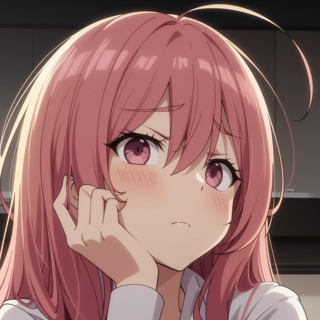 young woman. pink hair. amber eyes. arrogant face. white blouse. wild hair. Against the backdrop of a home kitchen. frowning eyebrows. contemptuous look.