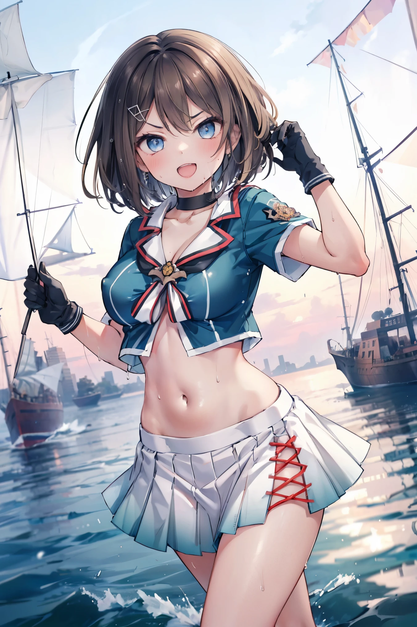 1young_teen_ girl, , brown_hair, medium_bob_hair, blue_midriff_baring_sailor_uniform, mini_skirt, short_sleeve, thighs, big_breasts, angry, smile, open_mouth, standing, harbor_background, slightly_spread_Legs, happiness, short_gloves, wet,,covered_nipples, covered_crotch,Maya_flag,