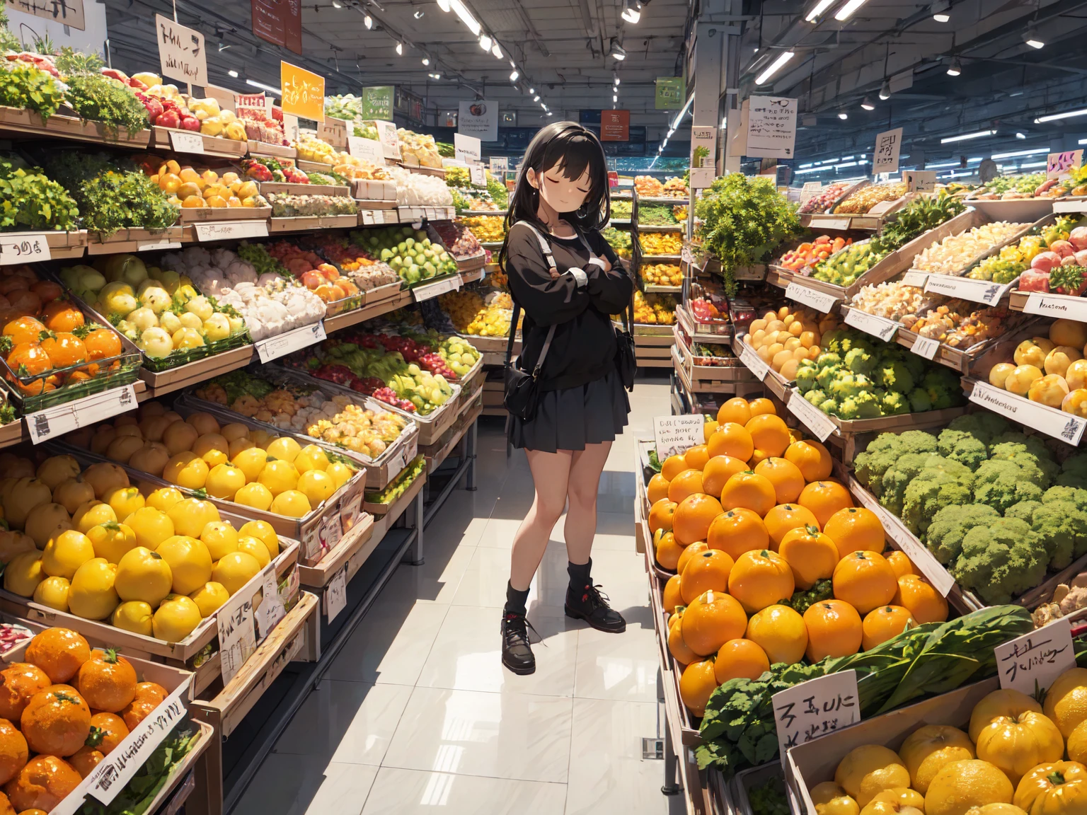 hand on cheek, closed eyes, troublesome face, sigh, expensive vegitable, supermarket, panorama view, magnificent view, absurdres, 8k, detailed plants
