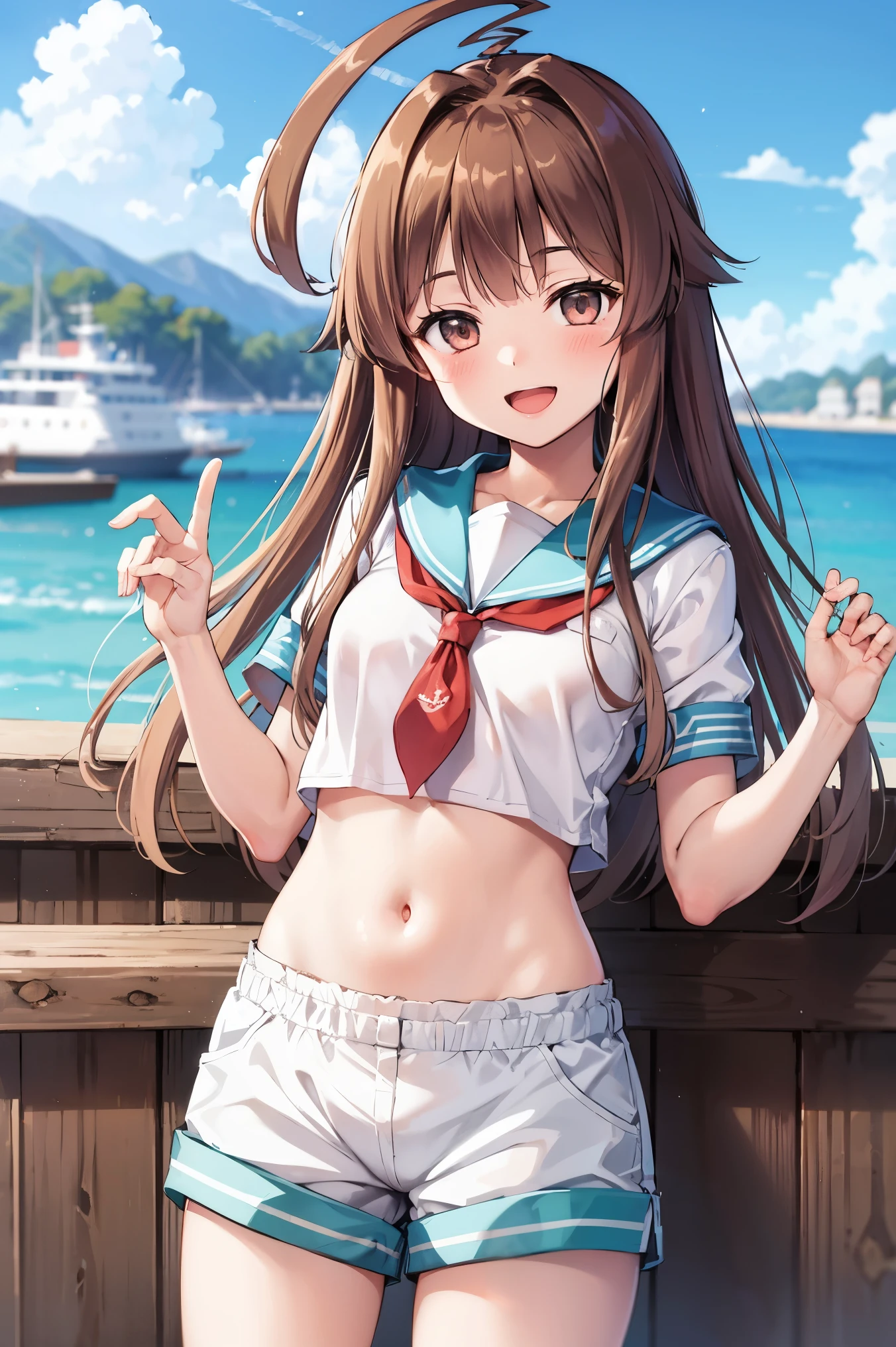 ung_teeirl, brown_hair, long_hair, sailor_uniform,white_ baggy_shorts, short_sleeve, thighs, small_breasts, big_smile, open_mouth, standing, harbor_background, slightly_spread_legs, happiness, covered_crotch,ahoge,XD,exciting,