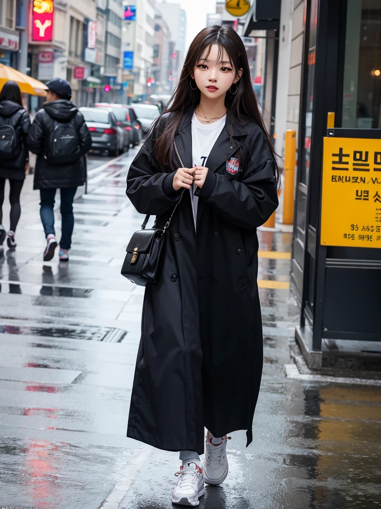 Jennie Kim, the iconic BLACKPINK rapper and singer, is in Seoul on a rainy day. Despite the downpour, she radiates confidence and style as she walks through the city's busy streets. Her black long-sleeved top matches perfectly with her transparent umbrella., creating a sleek, modern silhouette. Her black hair is wet and stuck to her face, but this only serves to enhance your natural beauty. A faint smile plays on his full lips, as she observes the world around her with an air of mystery. City lights flicker and reflect in puddles of water, creating a vibrant and lively urban setting. Focus on Jennie's face. focus on the body.