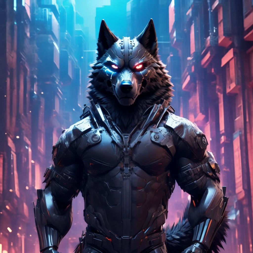 Posing, Male, 30 years old, snarl, visor, purple glowing eyes , anthro,  wolf ears, (black fur:1.5), cyber wolf, city background, 8k, hi res, (best quality, masterpiece), (wolf tail:1.5), detailed fur, solo, looking at camera, night, black leather jacket, Blue jeans,