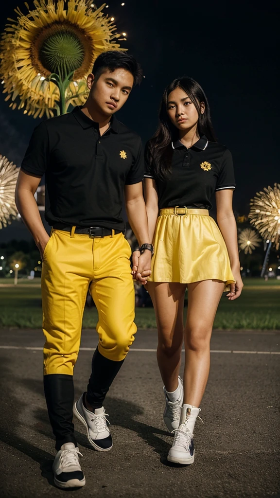 A 25 year old filipina couple wearing a yellow sunflower dress and black long boots the boy wearing a black polo shirt and white jeans and sneakers.the background is nigth and koraen park and fireworks.