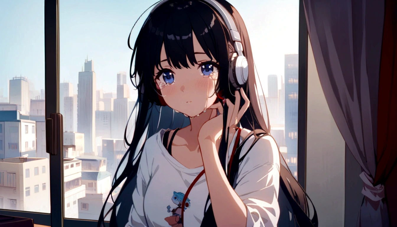 Are crying、On the front、midnight、A beautiful girl in casual clothes studying while listening to music with headphones in her room。Dim lighting。Outside the room, there are many tall buildings.。Japanese anime style。