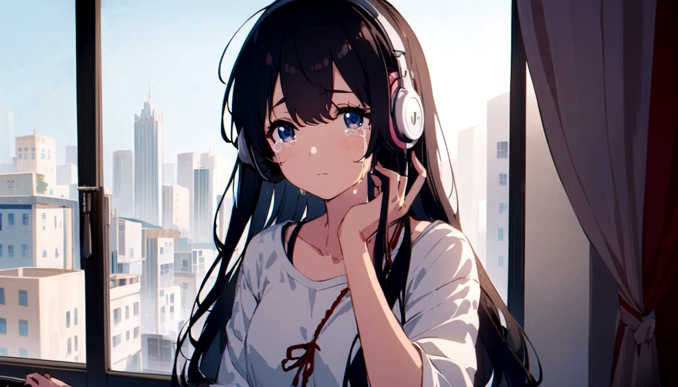 Are crying、On the front、midnight、A beautiful girl in casual clothes studying while listening to music with headphones in her room。Dim lighting。Outside the room, there are many tall buildings.。Japanese anime style。