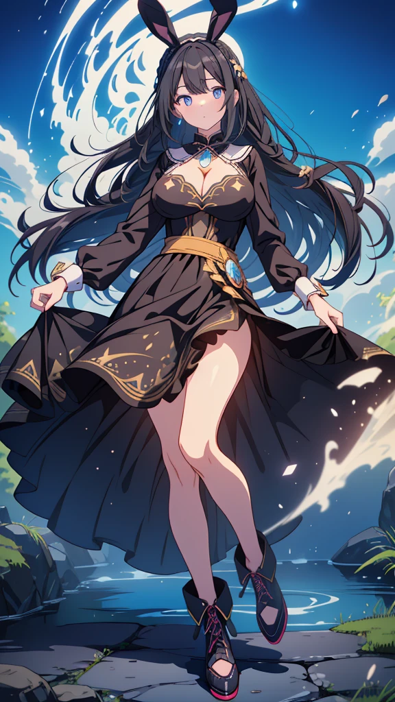 best quality, extremely detailed, anime style adult 1girl, long hair down to the waist, straight hair, ((dark black hair with bluish)),crown braid,beautiful detailed eyes, pinched eyes, dark blue eyes, huge breasts,curvy,(((bunny motif magical dress))),longskirt,Clothing with intricate decorations,feather and colorful accessory,((foppery shoes)),fluttering cloak,animation cap,animated gif,hot spring