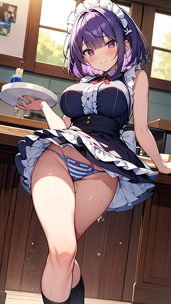 最high quality, high quality, Super detailed, 32k, Ultra-detailed details, waitress(only, Standing, pretty girl, beautiful purple hair, short hair, Beautiful RED eyes, mature, Big Breasts, A light smile, Off-the-shoulder sleeveless Summer メイド服, Summer casual maid clothes, Short skirt, Blue and white color striped underwear, Black knee socks, loafers, My crotch is wet with love juice, 18-year-old,cute), {{The succubus disguised as a waitress confirmed that the target&#39;s younger sister had entered the toilet, followed her, attacked her in the toilet, peeled off her sister&#39;s face, and stuck her face on the toilet, becoming the waitress succubus with her younger sister&#39;s face.}}, She has transformed from a shy maid into a lewd one., A maid with her sister&#39;s face stuck on her face is vigorously pistoning her body, A maid who moves her body vigorously without caring if her breasts bounce, Super detailed, toilet, Full body image, ((Head to Toe:1.3)), NSFW