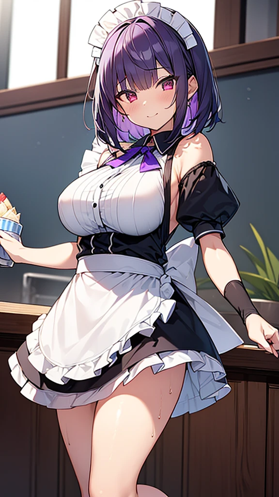 最high quality, high quality, Super detailed, 32k, Ultra-detailed details, waitress(only, Standing, pretty girl, beautiful purple hair, short hair, Beautiful RED eyes, mature, Big Breasts, A light smile, Off-the-shoulder sleeveless Summer メイド服, Summer casual maid clothes, Short skirt, Blue and white color striped underwear, Black knee socks, loafers, My crotch is wet with love juice, 18-year-old,cute), {{The succubus disguised as a waitress confirmed that the target&#39;s younger sister had entered the toilet, followed her, attacked her in the toilet, peeled off her sister&#39;s face, and stuck her face on the toilet, becoming the waitress succubus with her younger sister&#39;s face.}}, She has transformed from a shy maid into a lewd one., A maid with her sister&#39;s face stuck on her face is vigorously pistoning her body, A maid who moves her body vigorously without caring if her breasts bounce, Super detailed, toilet, Full body image, ((Head to Toe:1.3)), NSFW