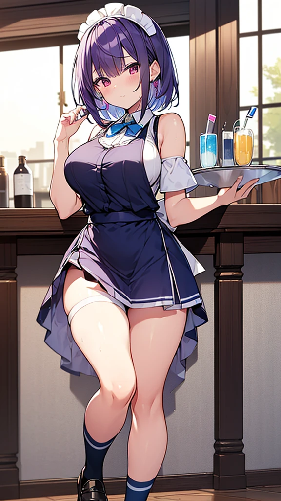 最high quality, high quality, Super detailed, 32k, Ultra-detailed details, waitress(only, Standing, pretty girl, beautiful purple hair, short hair, Beautiful RED eyes, , Big Brght smile, Off-the-shoulder sleeveless Summer メイド服, Summer casual maid clothes, Short skirt, Blue and white color striped underwear, Black knee socks, loafers, My crotch is wet with love juice, 18-year-old,cute), {{The succubus disguised as a waitress confirmed that the target's younger sister had entered the toilet, followed her, attacked her in the toilet, peeled off her sister's face, and stuck her face on the toilet, becoming the waitress succubus with her younger sister's face.}}, She has transformed from a shy maid into a lewd one., A maidh her sister's face stuck on her face is vigorously pistoning her body, A maid who moves her body vigorously without caring if her breasts bounce, Supered, toilet, Full body image, ((Head to Toe:1.3)), NSFW