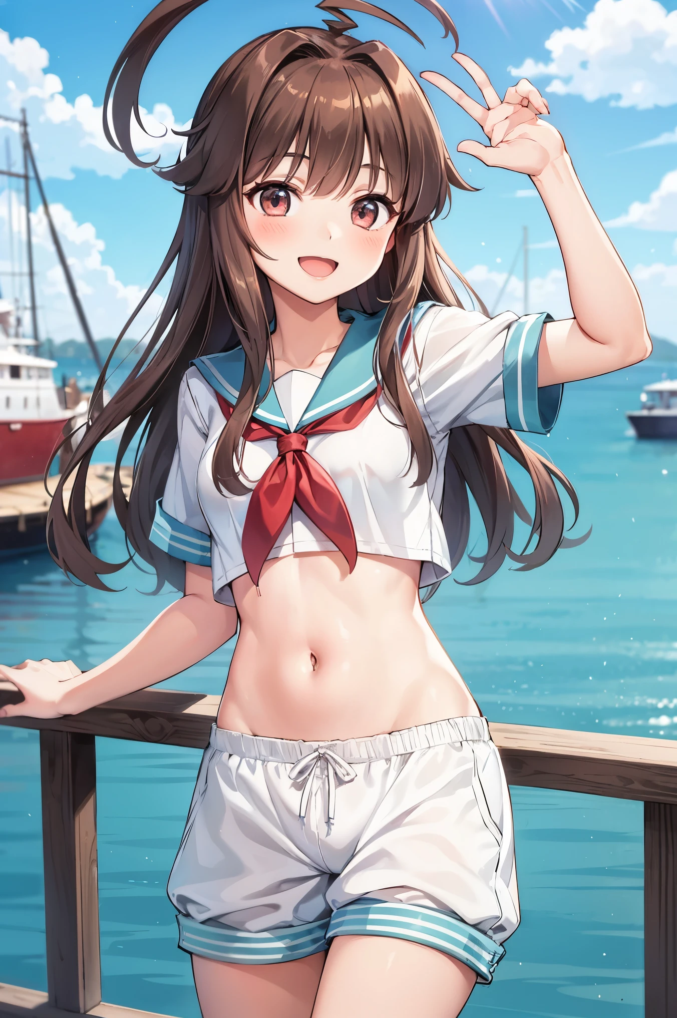 1young_teen_ girl,  brown_hair, long_hair, sailor_uniform,white_ baggy_shorts, short_sleeve, thighs, small_breasts, big_smile, open_mouth, standing, harbor_background, slightly_spread_legs, happiness, covered_crotch,ahoge,XD,exciting,