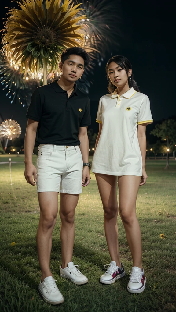 A 25 year old filipina couple wearing a yellow sunflower dress and white sneakers and the boy wearing a black polo shirt and white jeans and sneakers.the background is nigth and koraen park and fireworks.