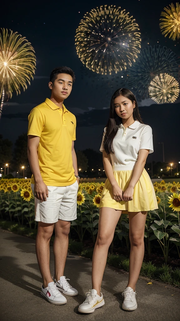 A 25 year old filipina couple wearing a yellow sunflower dress and white sneakers and the boy wearing a black polo shirt and white jeans and sneakers.the background is nigth and koraen park and fireworks.