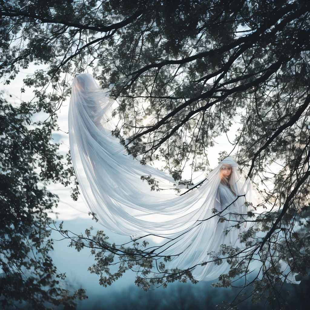 classic ghost, white translucent female, entangled in tree branches, twilight