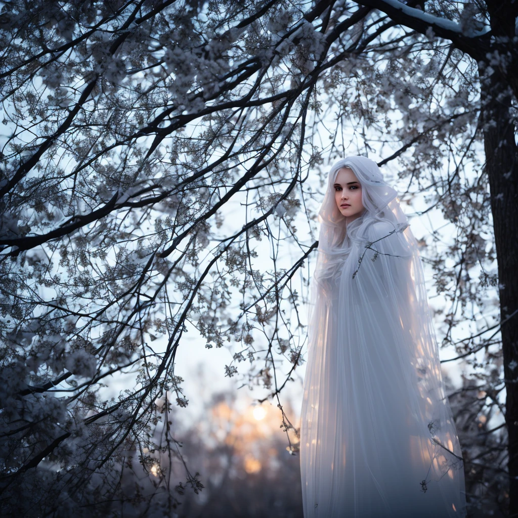 classic ghost, white translucent female, entangled in tree branches, twilight