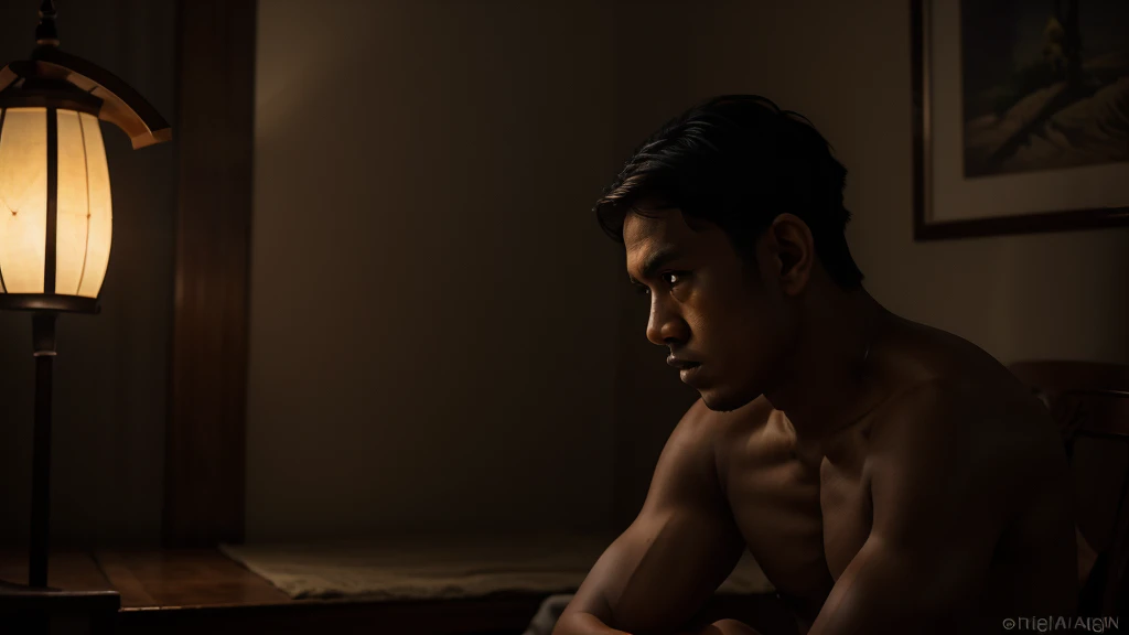 "Gadjah Mada in isolation, sitting alone in a dimly lit room, with a look of deep contemplation and regret." Characters: Gadjah Mada. Angle: Medium shot. Lighting: Dim, solitary indoor lighting. --ar 16:9 --style raw